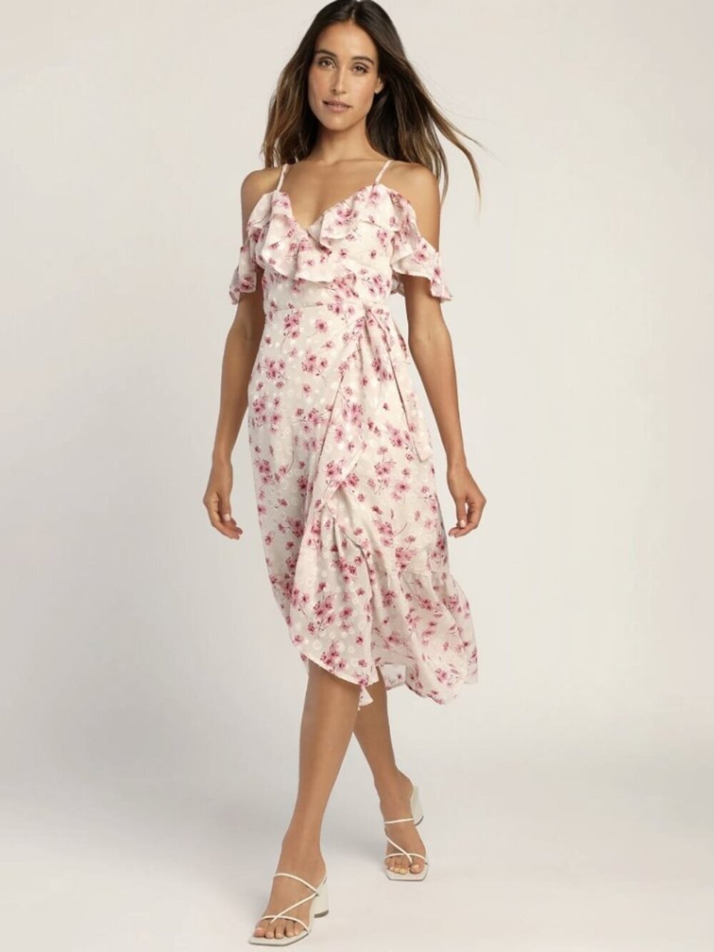 NWT Lulus Bright Weather Blush Floral Jacquard Cold-Shoulder Wrap Dress (size S)